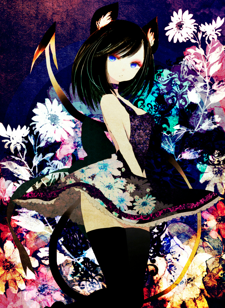 bad_id, black_hair, blue_eyes, demon_tail, dress, flower, hasuhashi, original