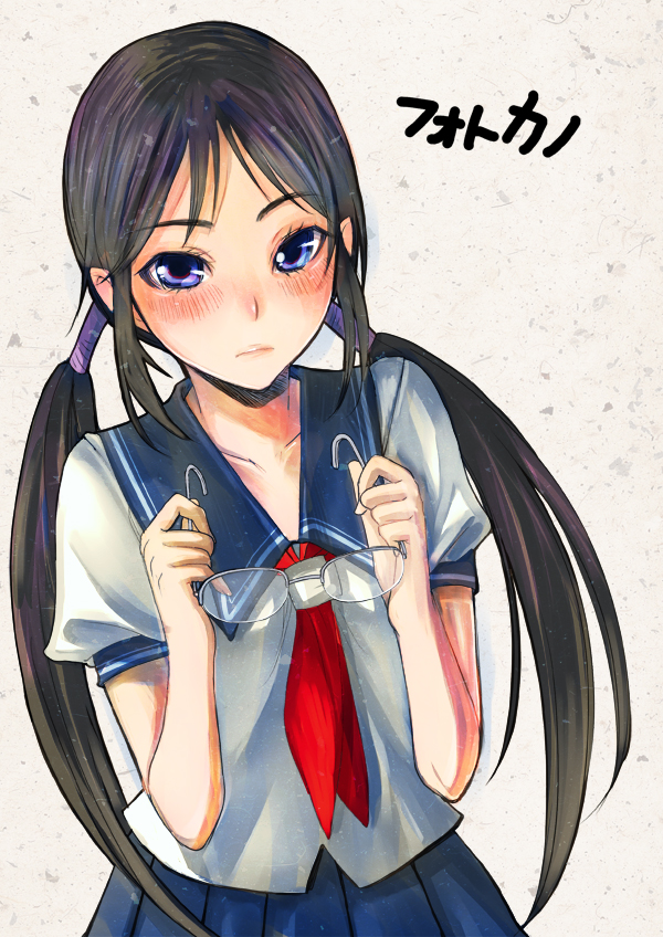 blush, glasses, holding, holding_glasses, kazuki_kisuke, long_hair, muroto_aki, photo_kano