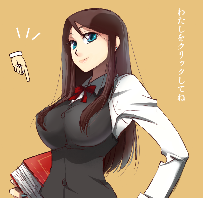 1girl, armpit, book, breasts, brown_hair, character_request, earrings, female, impossible_clothes, impossible_clothing, impossible_shirt, jewelry, kimura_shiki, large_breasts, lipstick, long_hair, magicaloss, nail_polish, original, school_uniform, shirt, simple_background, solo, teacher, translated, translation_request