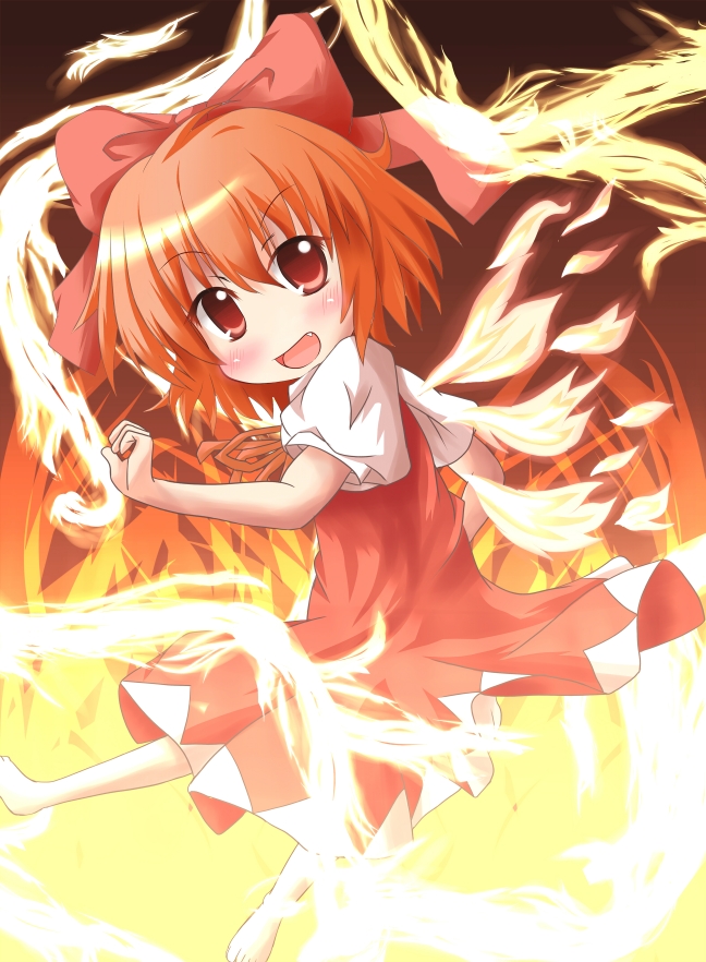 achi_cirno, alternate_color, alternate_element, barefoot, cirno, fire, hair_ribbon, open_mouth