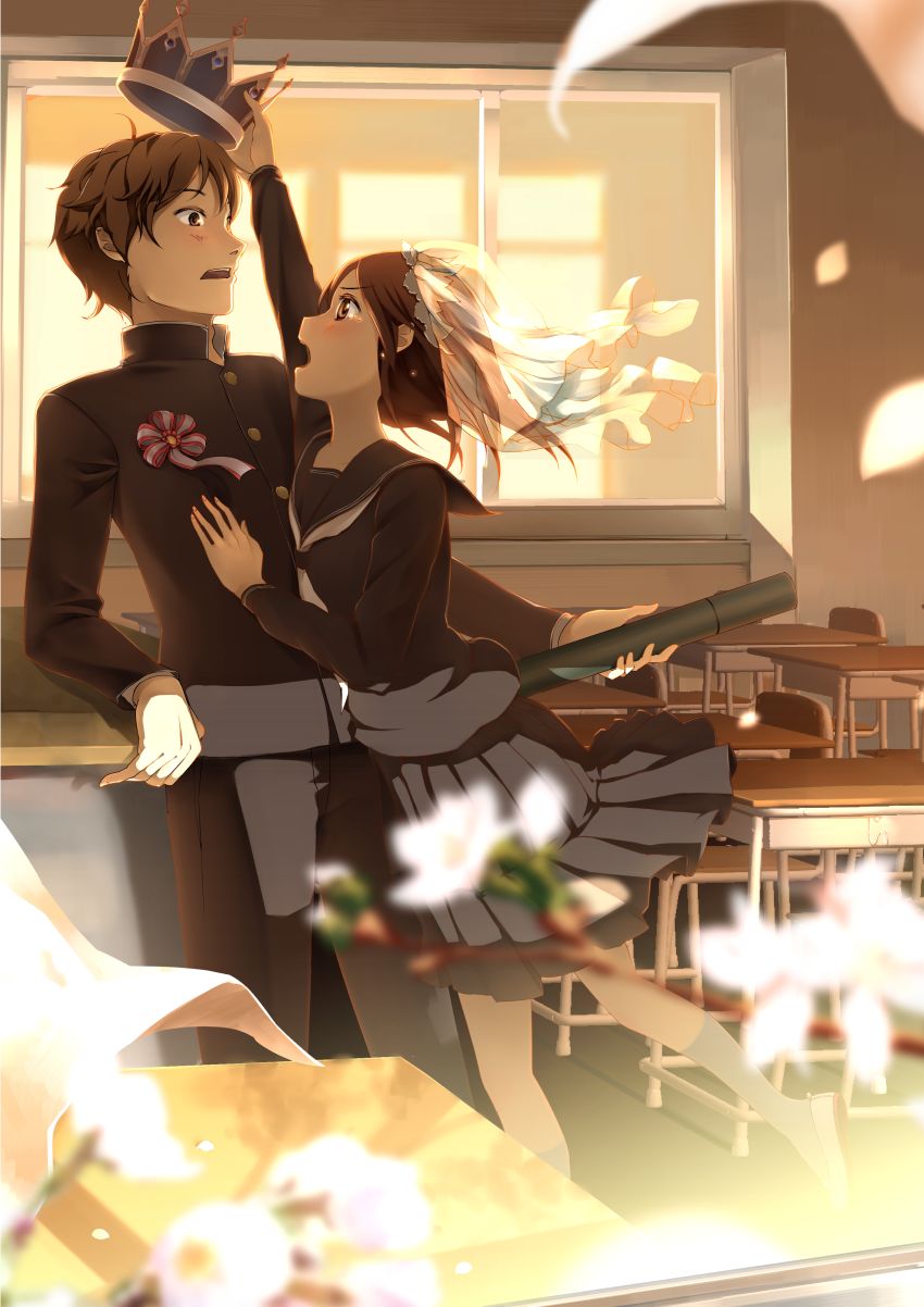 1girl, blush, brown_eyes, brown_hair, chair, classroom, crown, desk