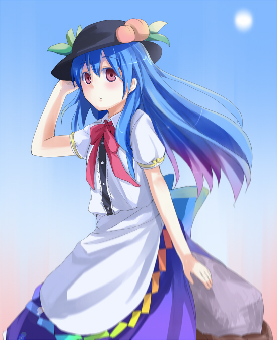 blue_hair, hat, hinanawi_tenshi, long_hair, long_skirt, red_eyes, skirt, solo