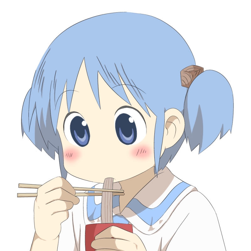 blue_eyes, blue_hair, chopsticks, eating, face, food, hair_cubes, hair_ornament