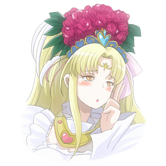 aphrodite_(suite_precure), blonde_hair, blush, brown_eyes, circlet, crown, flower, h26r