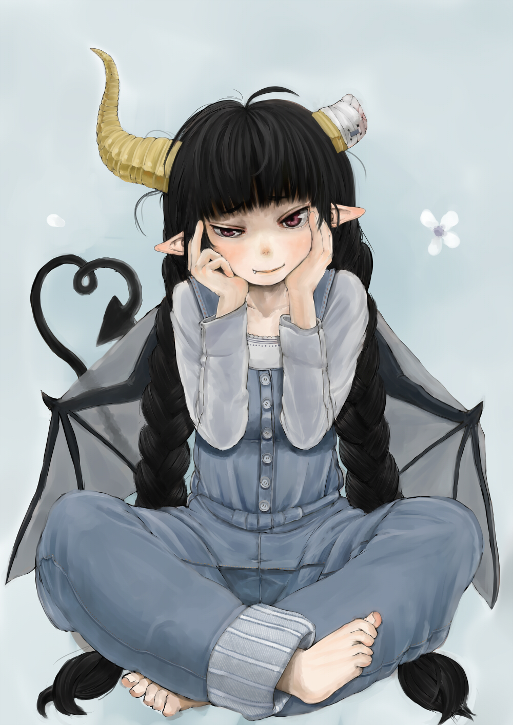 bandage, barefoot, black_hair, blush, braid, broken_horn, demon_girl, demon_tail