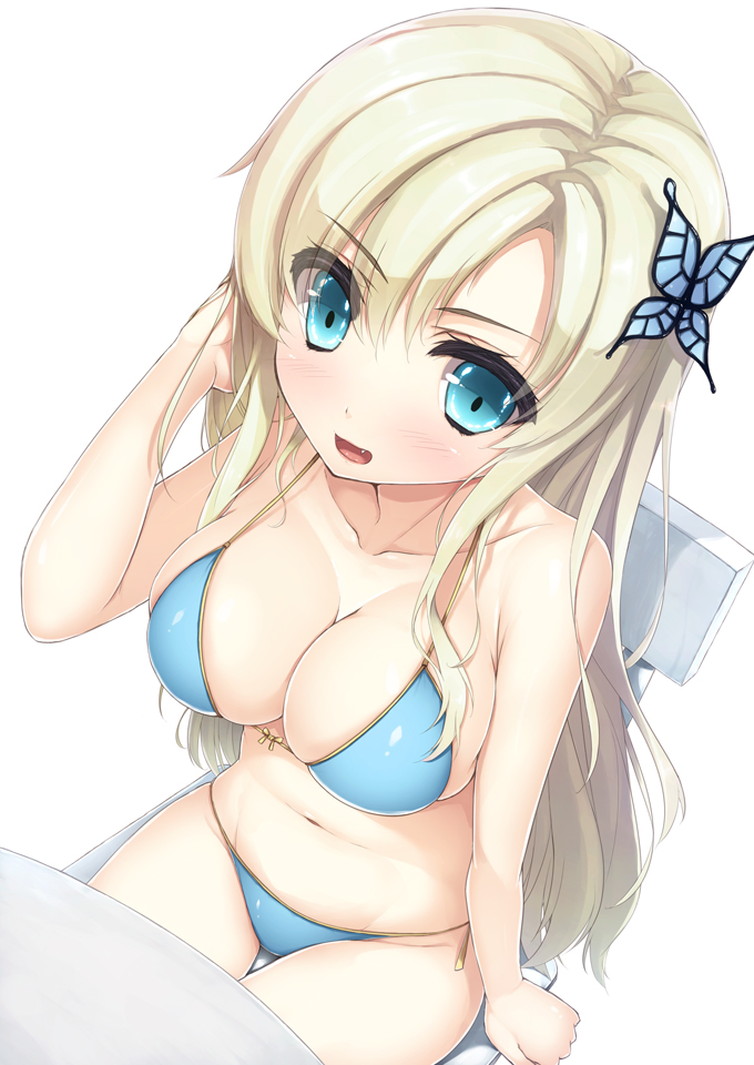 :d, adjusting_hair, blonde_hair, blue_eyes, blush, boku_wa_tomodachi_ga_sukunai, breasts, butterfly_hair_ornament