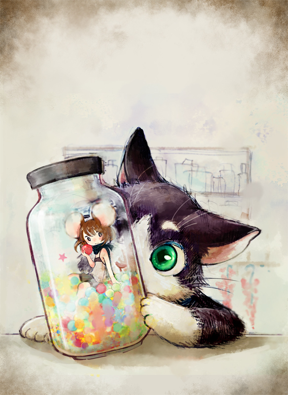bottle, brown_hair, candy, cat, cat_focus, chibi, deko, girl_in_a_bottle