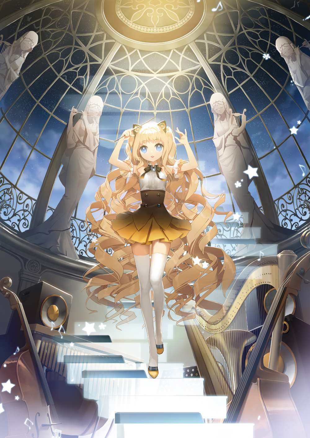 :3, animal_ears, bare_shoulders, blonde_hair, blue_eyes, cat_ears, cello, curly_hair