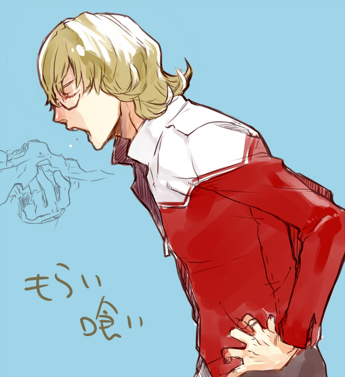 bad_id, barnaby_brooks_jr, blonde_hair, eating, glasses, hands_on_hips, jacket, male