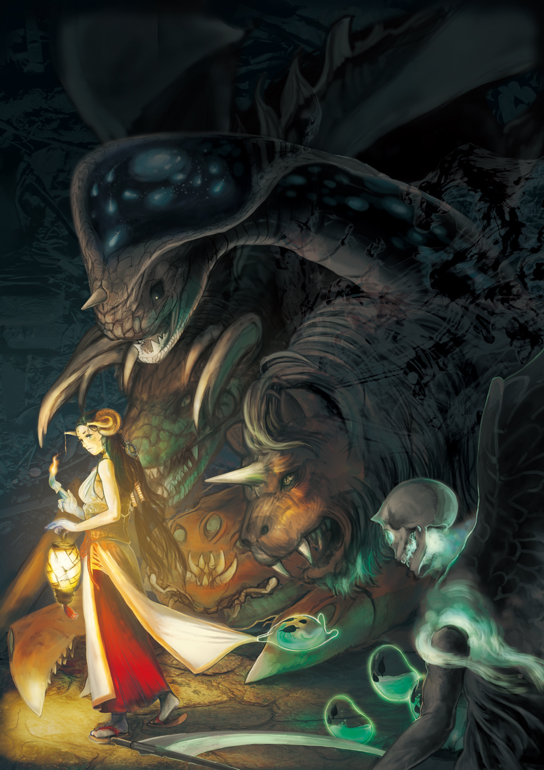 chimera, cobra, fantasy, fire, ghost, highres, horns, lantern
