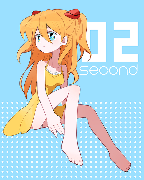 barefoot, blue_eyes, chibi, hair_ornament, long_hair, neon_genesis_evangelion, orange_hair, sa_kuma, solo, soryu_asuka_langley, souryuu_asuka_langley, two_side_up