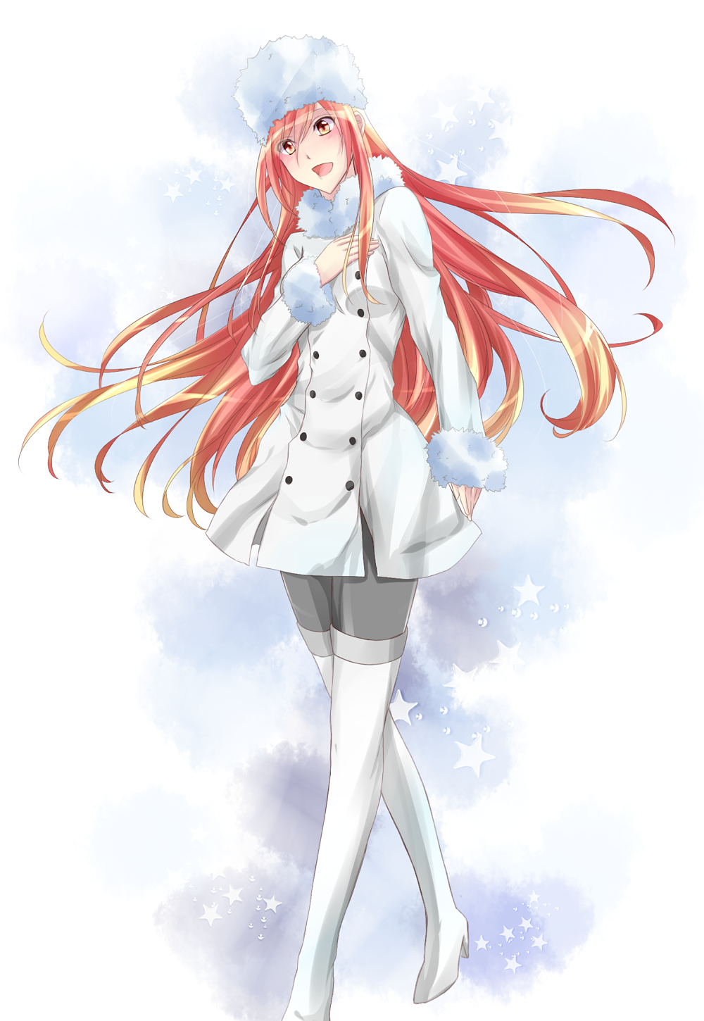 boots, coat, cosplay, erza_scarlet, fairy_tail, fate/stay_night, fate/zero, fate_(series), fur_hat, hat, highres, irisviel_von_einzbern, irisviel_von_einzbern_(cosplay), kurose_nao, long_hair, oohara_sayaka, pantyhose, red_eyes, red_hair, redhead, seiyuu_connection, solo, thigh-highs, thigh_boots, thighhighs