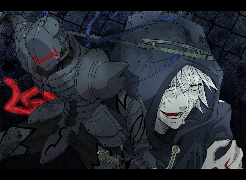action, ama_on_(mia), armor, berserker_(fate/zero), fate/stay_night, fate/zero, fate_(series), full_armor, helmet, hoodie, laughing, letterboxed, male, matou_kariya, mia_(artist), multiple_boys, sword, weapon, white_hair