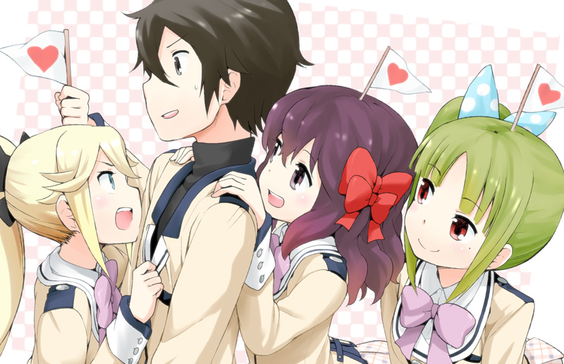 3girls, 4girls, blonde_hair, blue_eyes, bow, brown_eyes, brown_hair, flag