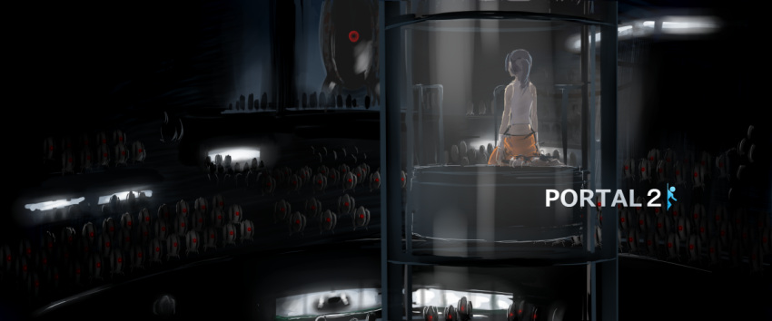 black_hair, chell, fosoya, jumpsuit, kuru, kuruuya, long_hair, ponytail, portal, portal_2, seiza, sitting, solo, spoilers, turret_(portal)