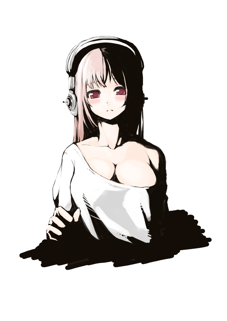 breasts, cleavage, headphones, high_contrast, nitroplus, off_shoulder, pink_eyes, pink_hair, rindou_(faker's_manual), rindou_(faker's_manual), shadow, solo, sonico, super_sonico