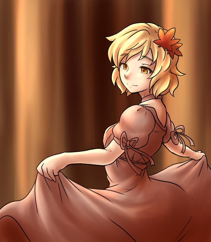 aki_shizuha, alternate_costume, arana_21, blonde_hair, choker, dress, dress_lift, hair_ornament