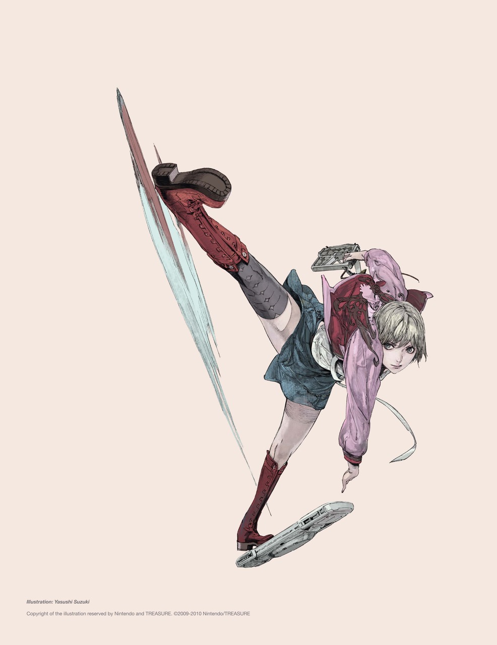 boots, flying, gun, highres, jacket, kachi, kicking, official_art
