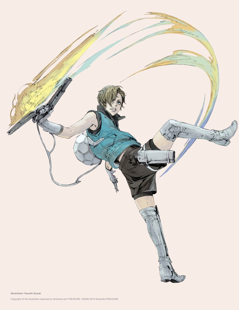 amamiya_isa, blonde_hair, blue_eyes, boots, energy_sword, gloves, gun, highres
