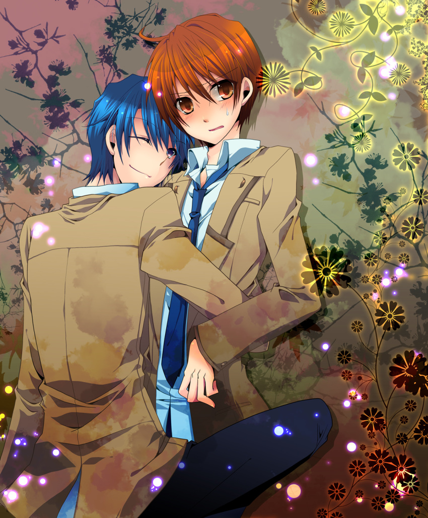 2boys, angel_beats!, blue_hair, brown_eyes, brown_hair, highres, hinata_(angel_beats!), hug