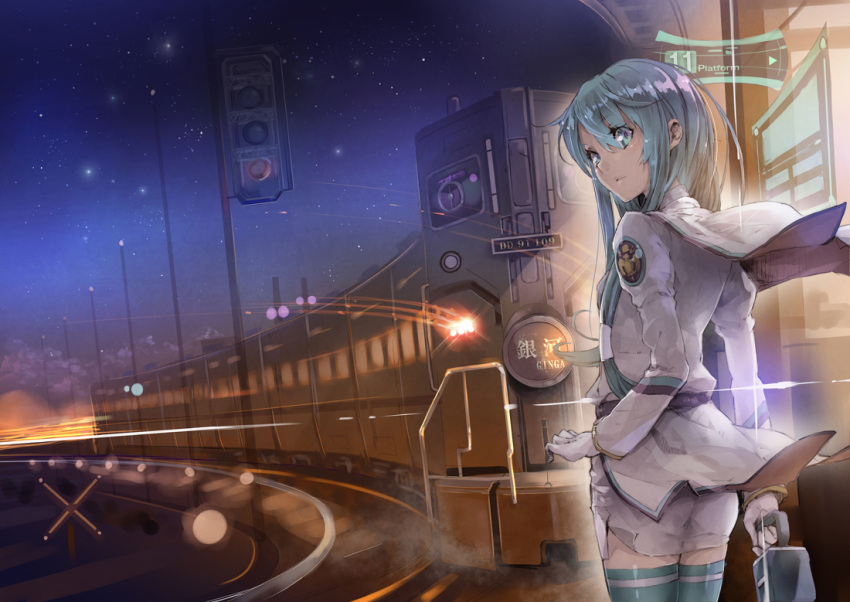 aqua_eyes, aqua_hair, belt, blue_legwear, from_behind, gloves, hair_tubes, holding