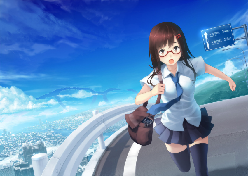 :o, ac_(eshi), bag, black_legwear, blush, brown_eyes, brown_hair, cityscape