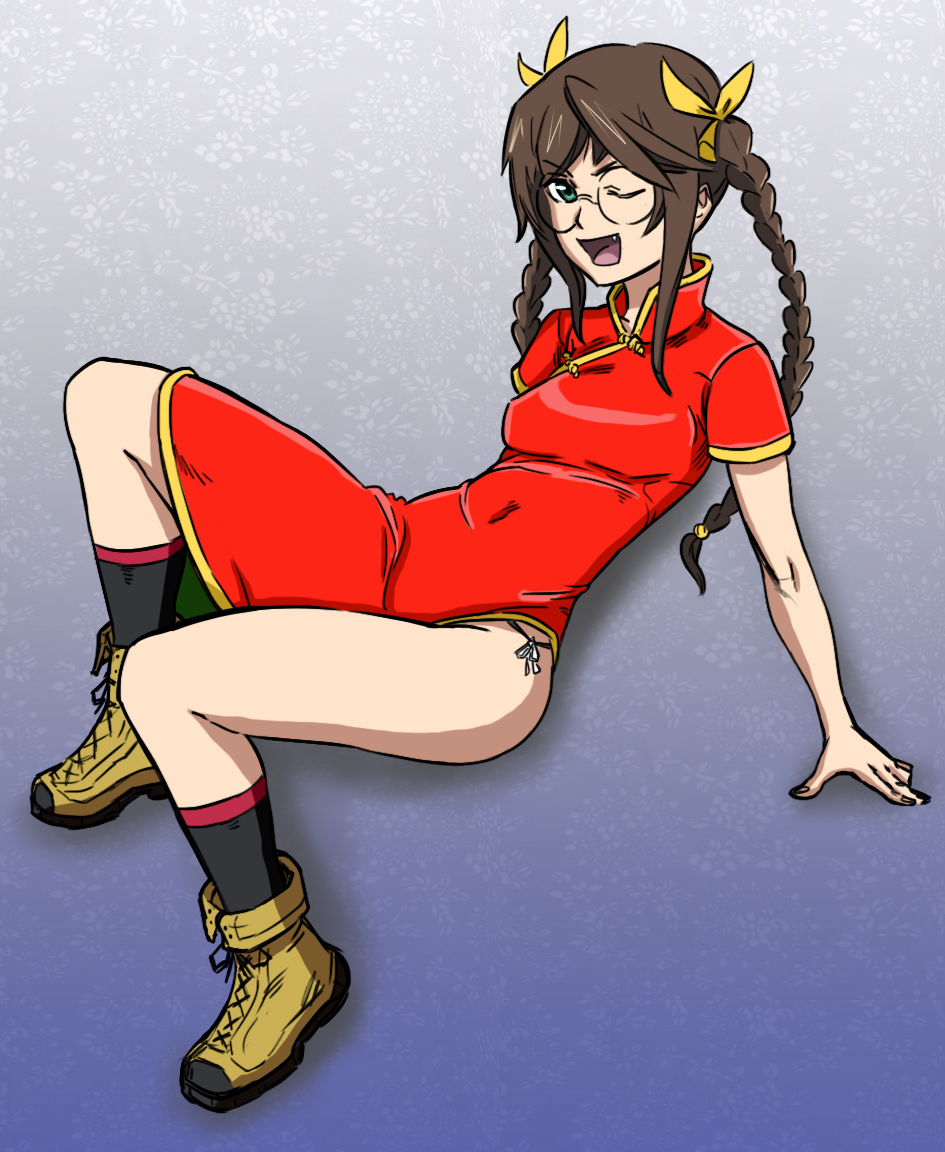 boots, bow, braid, brown_hair, china_dress, chinese_clothes, colored, cosplay