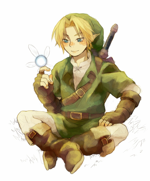 blonde_hair, blue_eyes, boots, fairy, gloves, hat, kutta, link