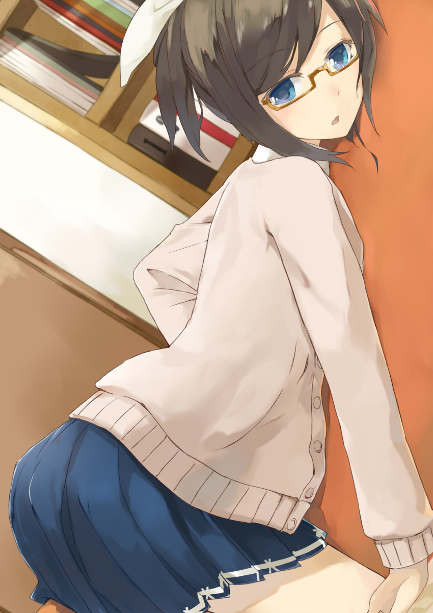 absurdres, blue_eyes, brown_hair, cardigan, cccpo, glasses, hair_ribbon, highres