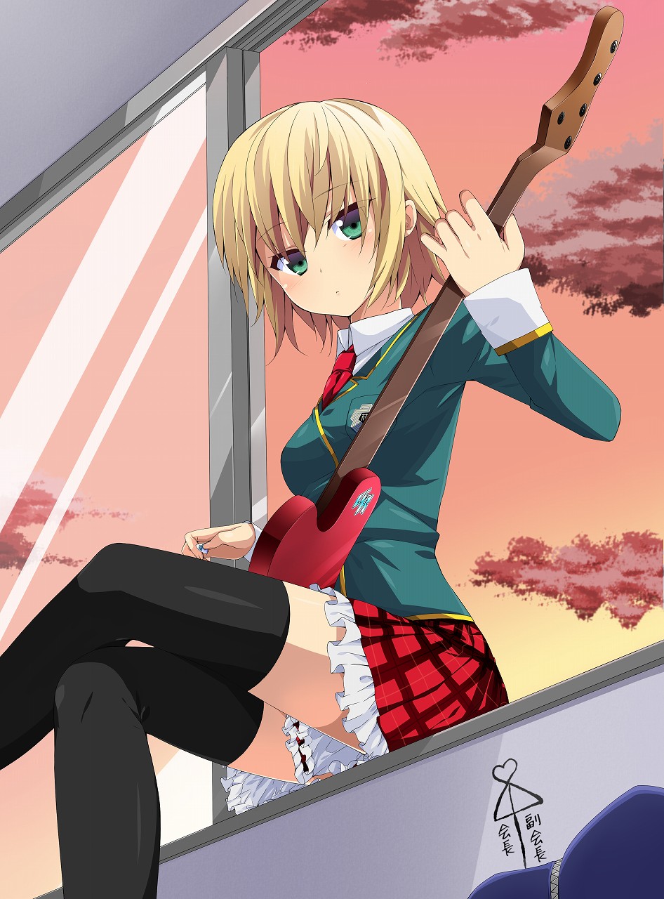 ai_ai_gasa, black_legwear, blonde_hair, contemporary, green_eyes, guitar, highres, instrument