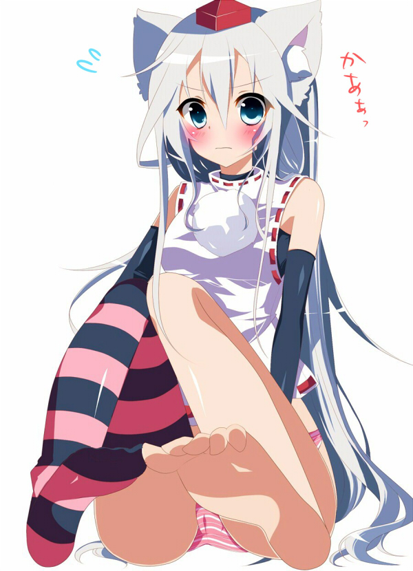animal_ears, barefoot, blue_eyes, blush, feet, inubashiri_momiji, panties, sleeveless