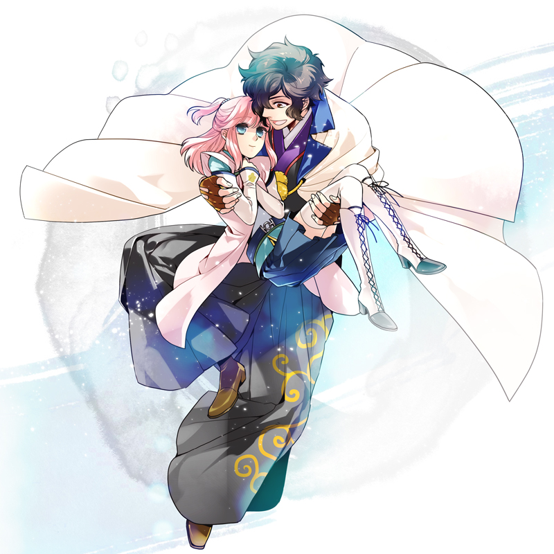 1girl, blue_eyes, boots, brown_eyes, brown_hair, cape, carrying, chamameko