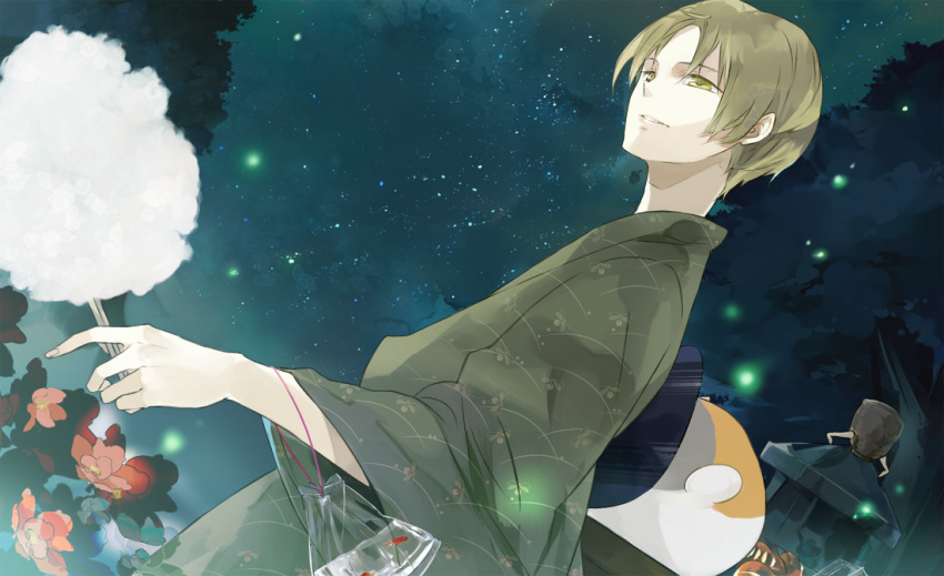 brown_eyes, brown_hair, cat, cotton_candy, dutch_angle, firefly, fish, flower, food, goldfish, japanese_clothes, jiku_(0128hirosi), kimono, male, natsume_takashi, natsume_yuujinchou, night, night_sky, nyanko, short_hair, sky, star, yukata
