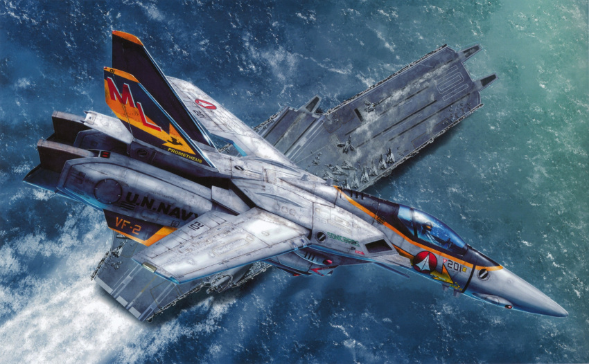 absurdres, aircraft_carrier, airplane, choujikuu_yousai_macross, cockpit, flying, helmet, highres