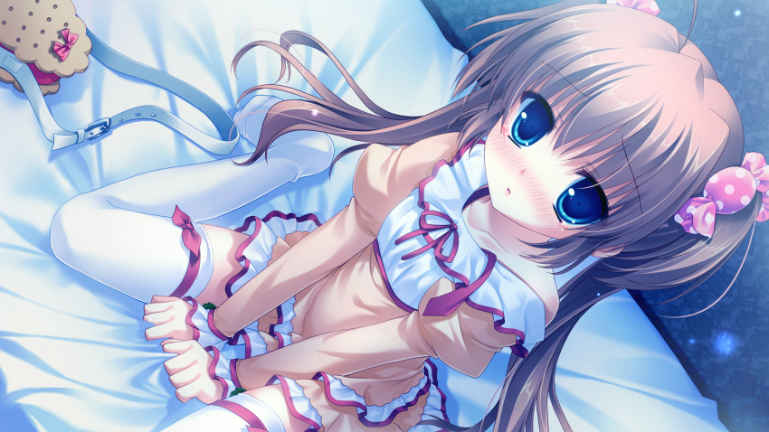 blue_eyes, blush, brown_hair, game_cg, midori_no_umi, tagme, tears, thigh-highs, thighhighs, tsumugi_(midori_no_umi), yukie_(peach_candy)