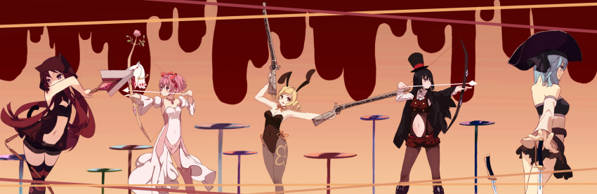 akemi_homura, alternate_costume, animal_ears, bad_id, bare_shoulders, black_hair, blonde_hair, blood