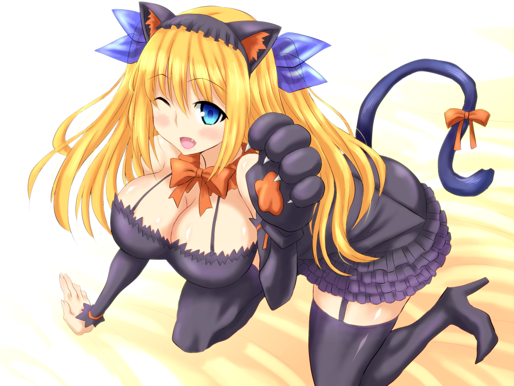 ;d, aizawa_hikaru, animal_ears, bare_shoulders, bent_over, blonde_hair, blue_hair, breasts