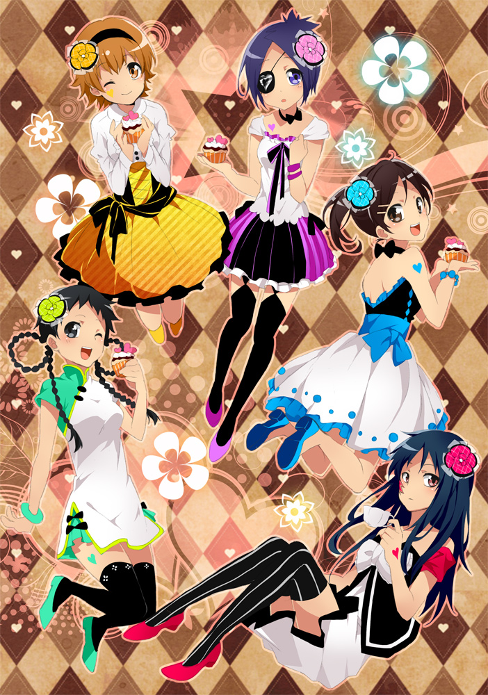 alternate_costume, black_hair, black_legwear, brown_hair, chrome_dokuro, cupcake, dane_nk, danemaru, dress, hair_rings, i-pin, katekyo_hitman_reborn, katekyo_hitman_reborn!, lal_mirch, miura_haru, multiple_girls, sasagawa_kyouko, thigh-highs, thighhighs, vertical-striped_legwear, vertical_stripes