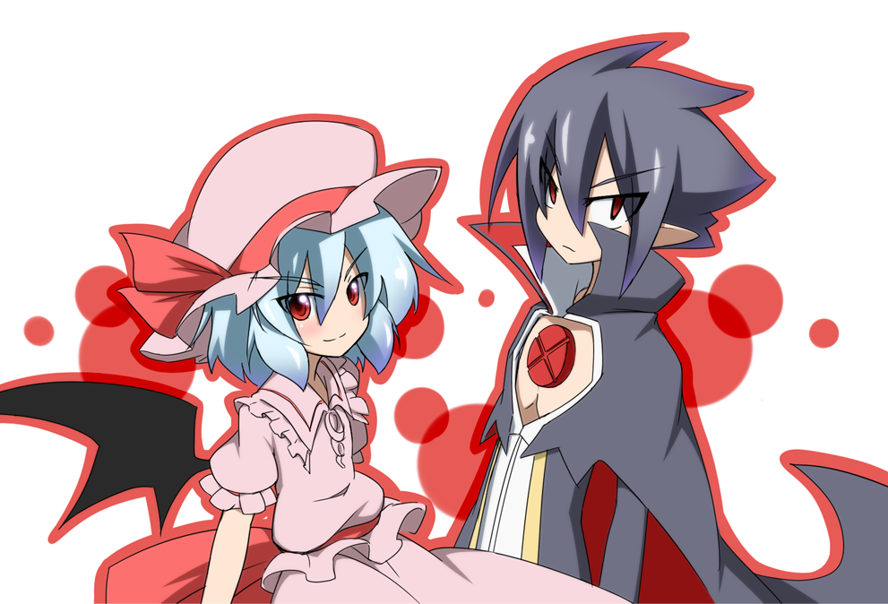 1girl, bat_wings, black_hair, blue_hair, cape, crossover, disgaea, dress