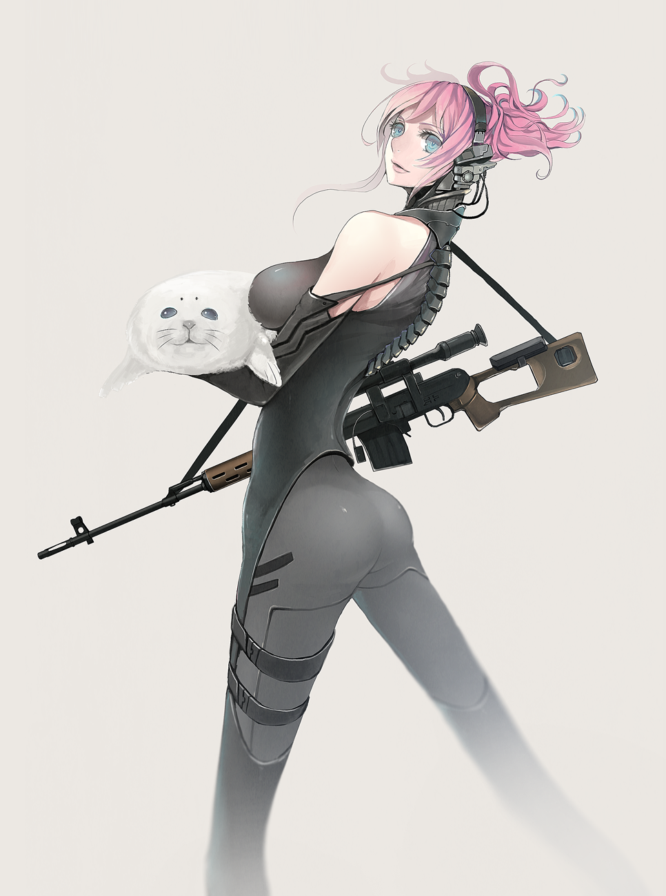 ass, bare_shoulders, blue_eyes, bodysuit, breasts, dragunov_svd, elbow_gloves, gloves