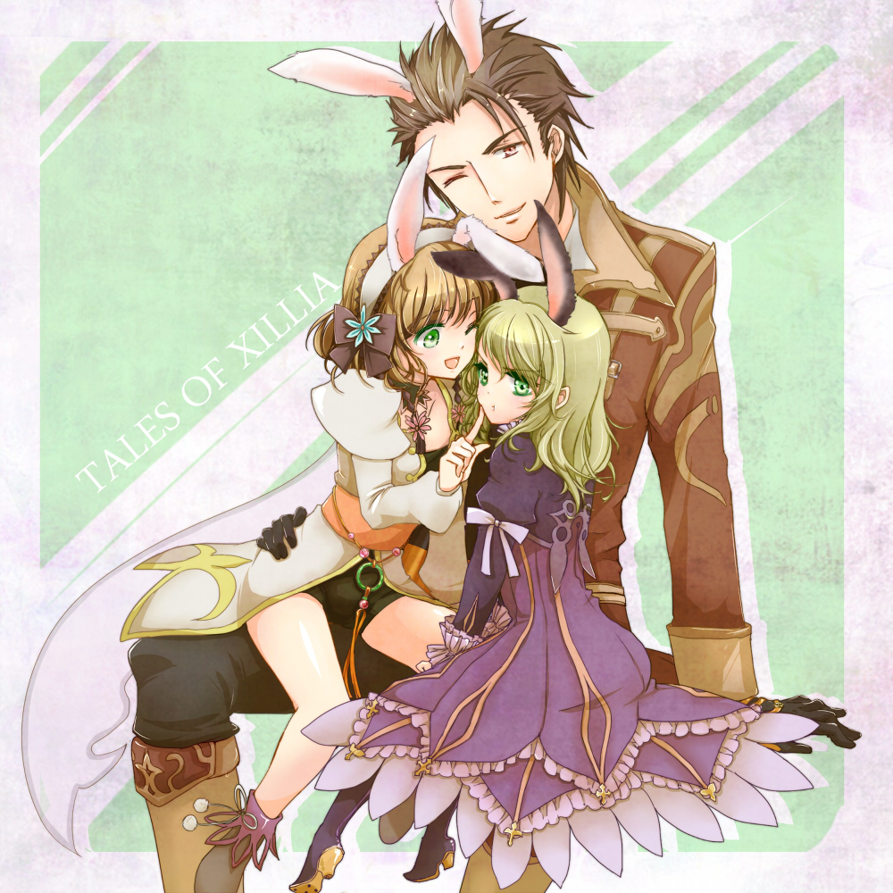 2girls, ;d, alvin_(tales_of_xillia), animal_ears, bike_shorts, black_gloves, blonde_hair, bolero