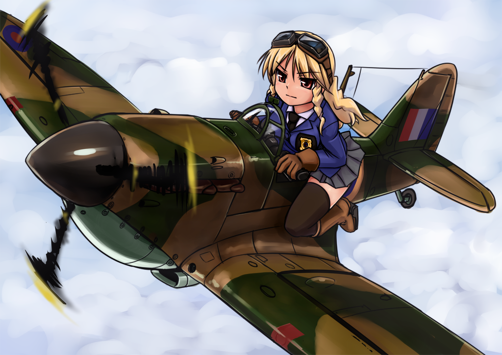 blazer, braid, cloud, copyright_request, flying, goggles, goggles_on_head, military