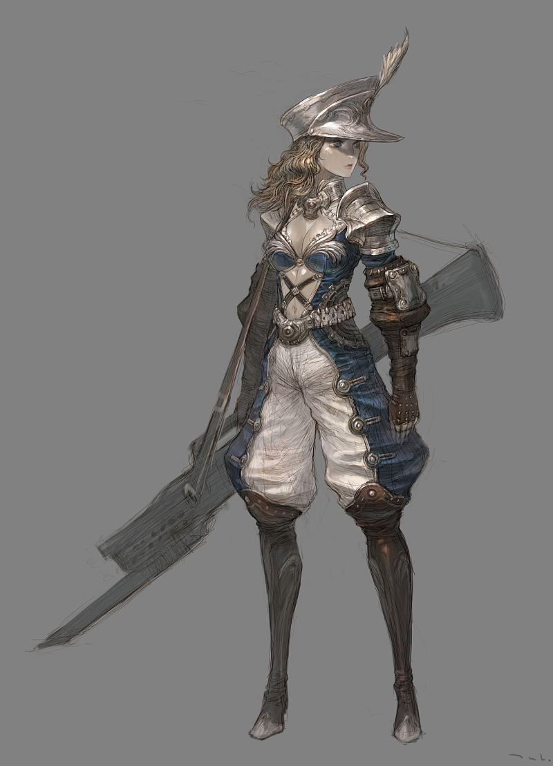armor, belt, blonde_hair, blue_eyes, boots, breasts, cleavage, copyright_request