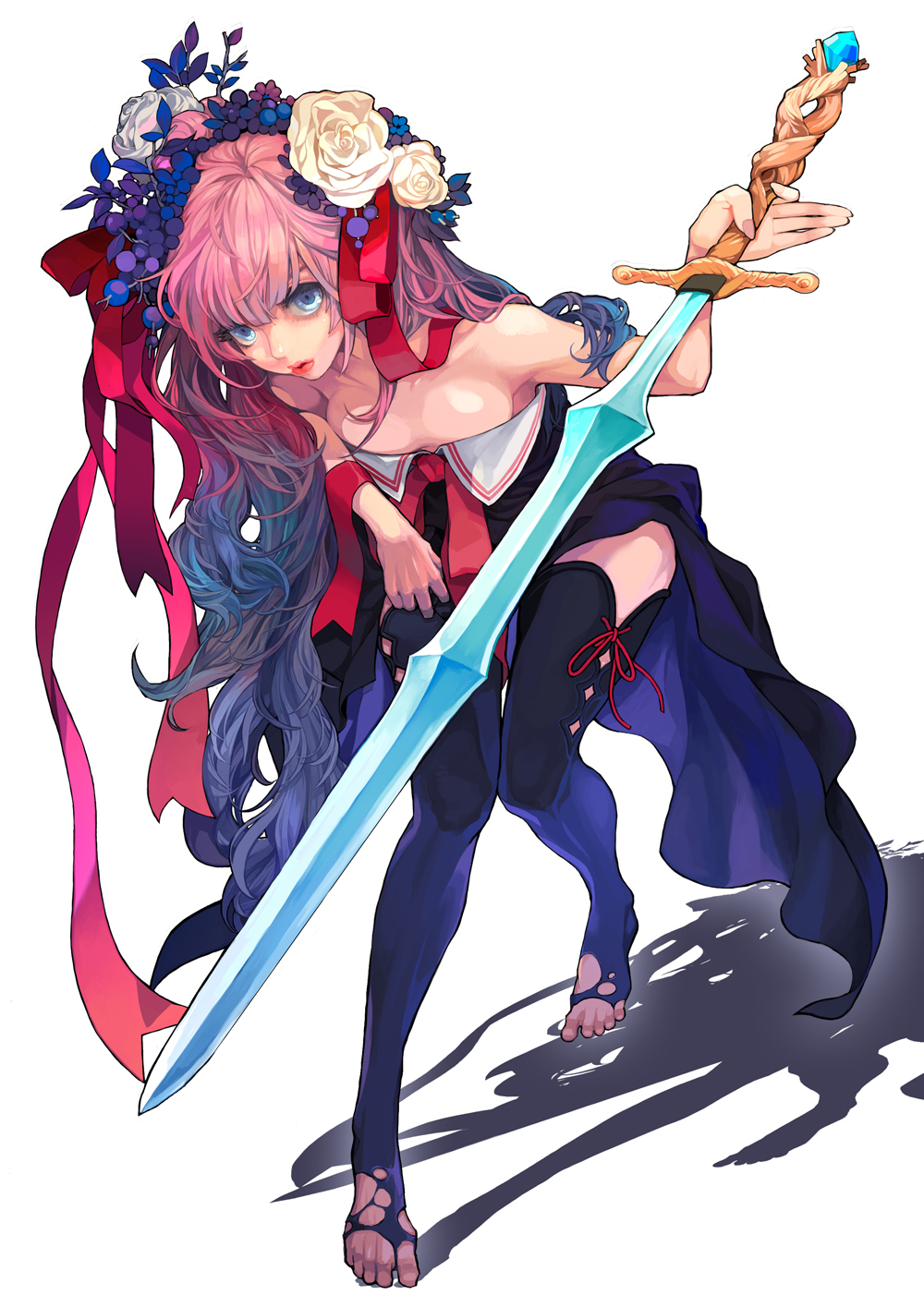 becky_flina, black_legwear, blue_eyes, blue_hair, blue_moon_becky_flina, breasts, cleavage, flower, gradient_hair, hair_flower, hair_ornament, hair_ribbon, highres, lipstick, long_hair, makeup, multicolored_hair, pink_hair, ribbon, serenade_(sinohi), solo, sword, sword_girls, thigh-highs, thighhighs, weapon