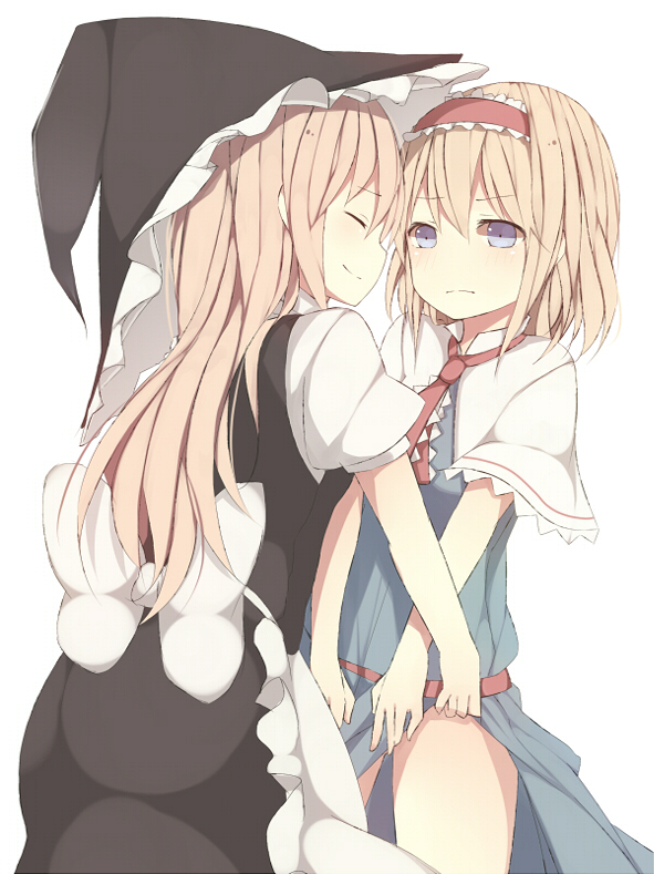 alice_margatroid, apron, bad_id, black_dress, blue_dress, blue_eyes, blush, closed_eyes
