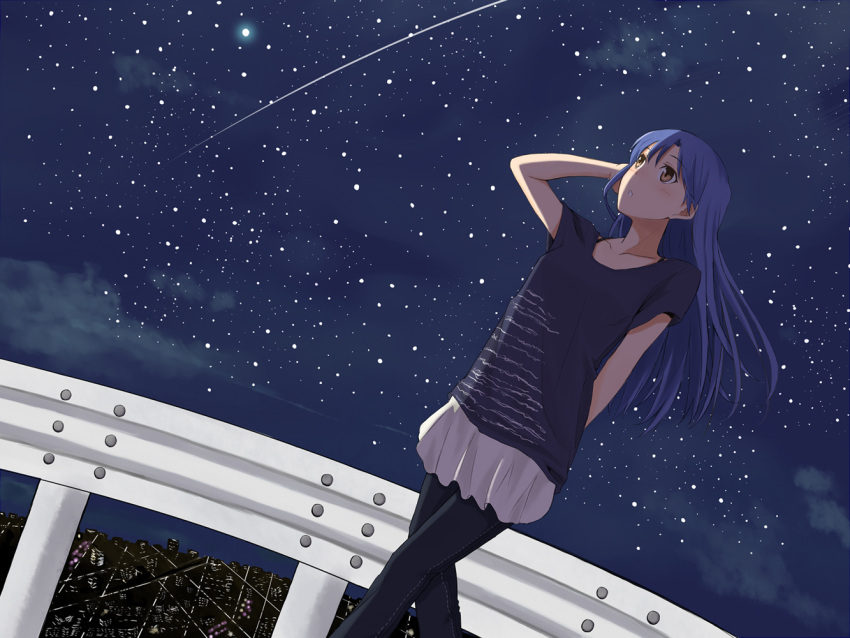 :o, adjusting_hair, arm_behind_back, arm_up, blue_hair, blush, brown_eyes, cityscape