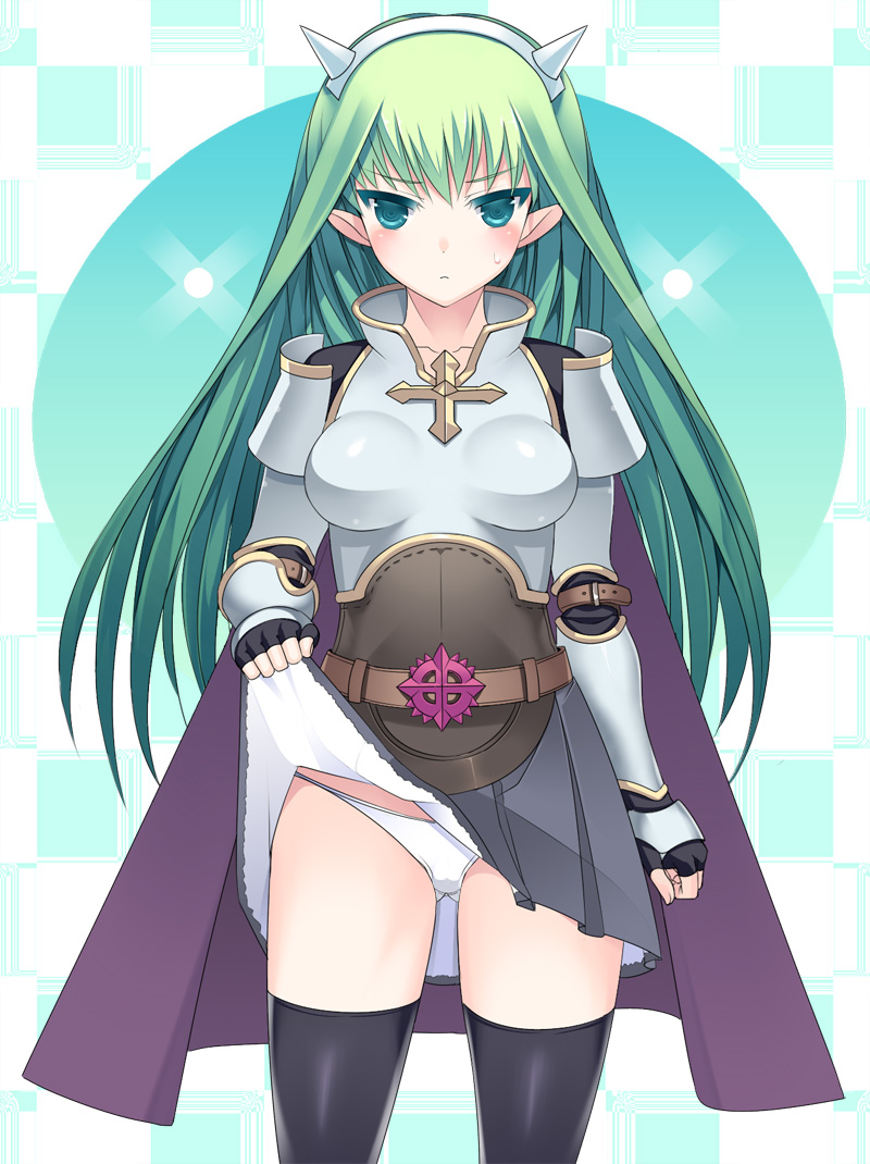 aqua_eyes, armor, armored_dress, black_legwear, blush, breasts, cape, fingerless_gloves