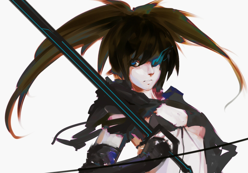 bikini_top, black_hair, black_rock_shooter, black_rock_shooter_(character), blue_eyes, brown_hair, cape, elbow_gloves
