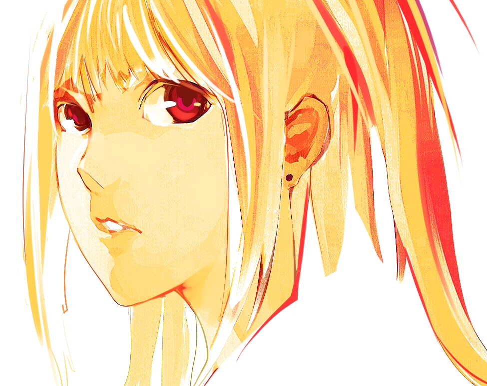 amane_misa, blonde_hair, death_note, earrings, jewelry, portrait, red_eyes, solo