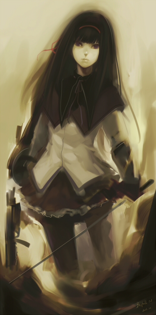 akemi_homura, argyle, argyle_legwear, black_hair, black_legwear, capelet, golf_club, hair_ribbon